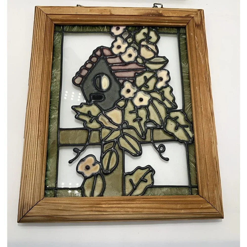 Wood Framed Vibrant Birdhouse & Flowers Stained Glass Wall Art 11.5x9.5 Vintage